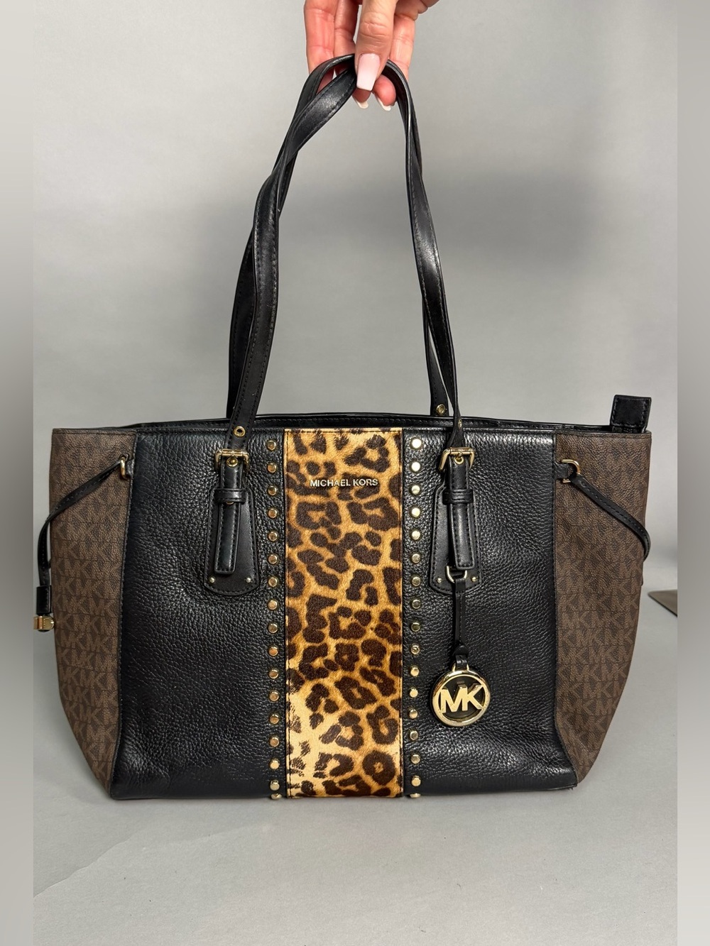 Michael Kors Black, Brown & Leopard-Print Studded Tote